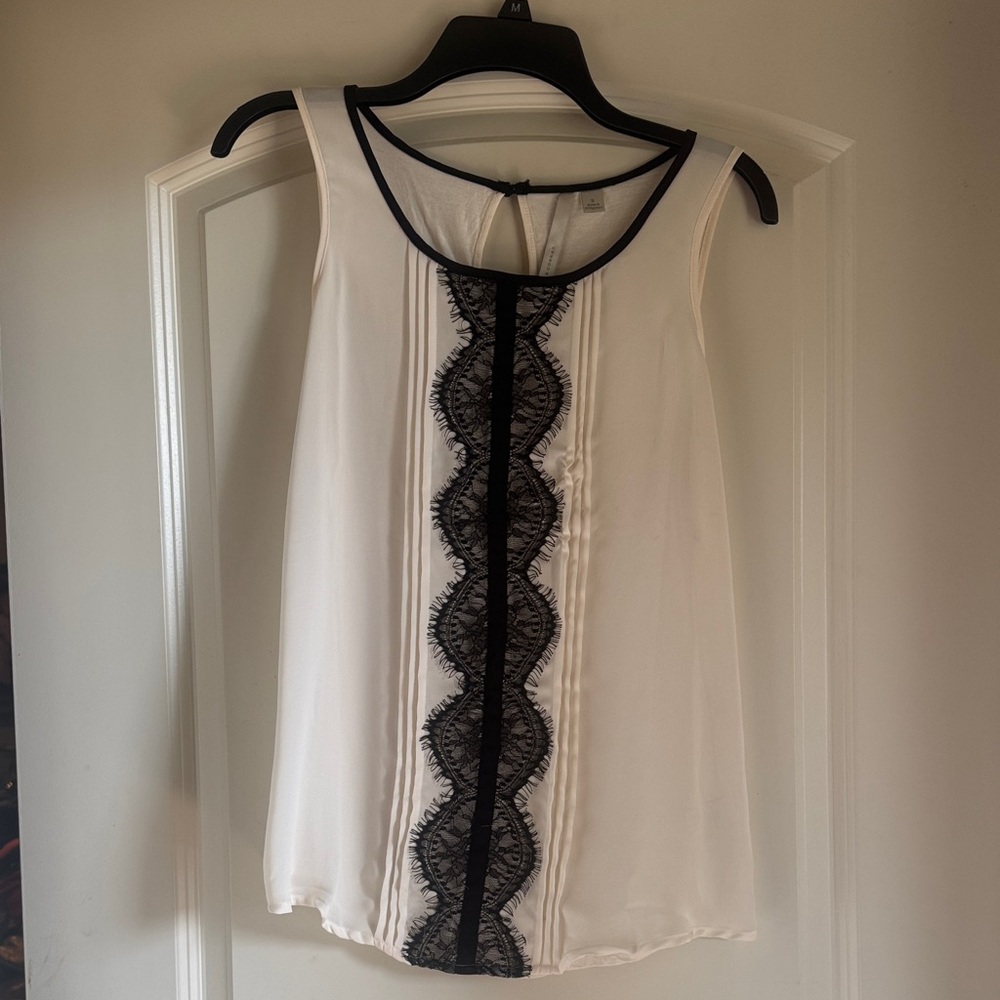 LC Lauren Conrad White Tank Top with Black Lace Detail